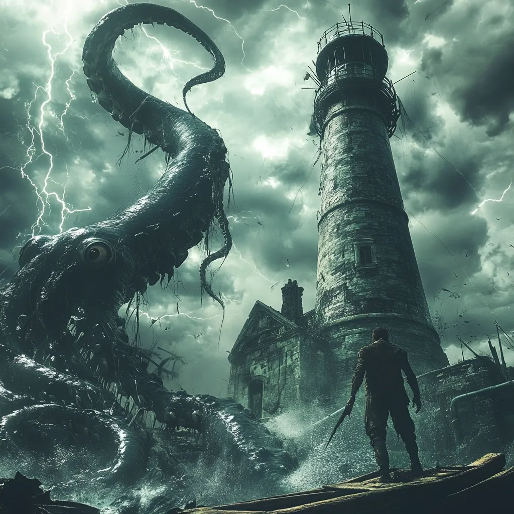 A monstrous tentacled creature rises from the stormy sea, its massive form looming over a dilapidated lighthouse. A lone figure stands on a broken wooden pier, silhouetted against the stormy sky, seemingly facing the creature's wrath. The scene is filled with a sense of impending doom and eerie beauty.  The lightning streaks across the sky, illuminating the dark and menacing scene.