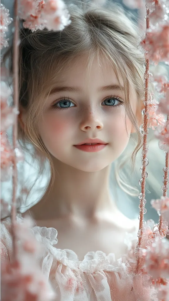 A young girl with long blonde hair, wearing a white dress, looks directly at the camera. Her blue eyes stand out against her fair skin, and she has a slight smile on her face. Delicate pink flowers frame her on either side of the image, creating a soft and whimsical atmosphere. The overall effect is one of innocence and beauty.