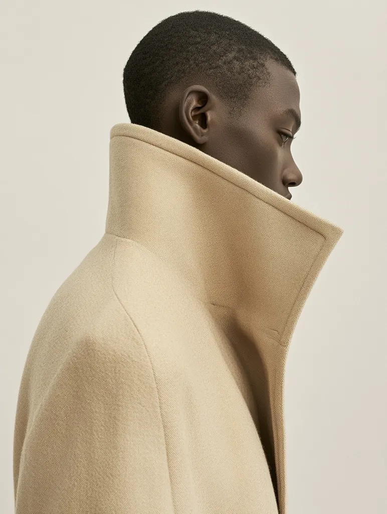 A man with short black hair is wearing a beige coat with the collar turned up. He is looking down and to the right. The background is a light beige. The image is simple and minimalist, focusing on the man's face and the texture of the coat.
