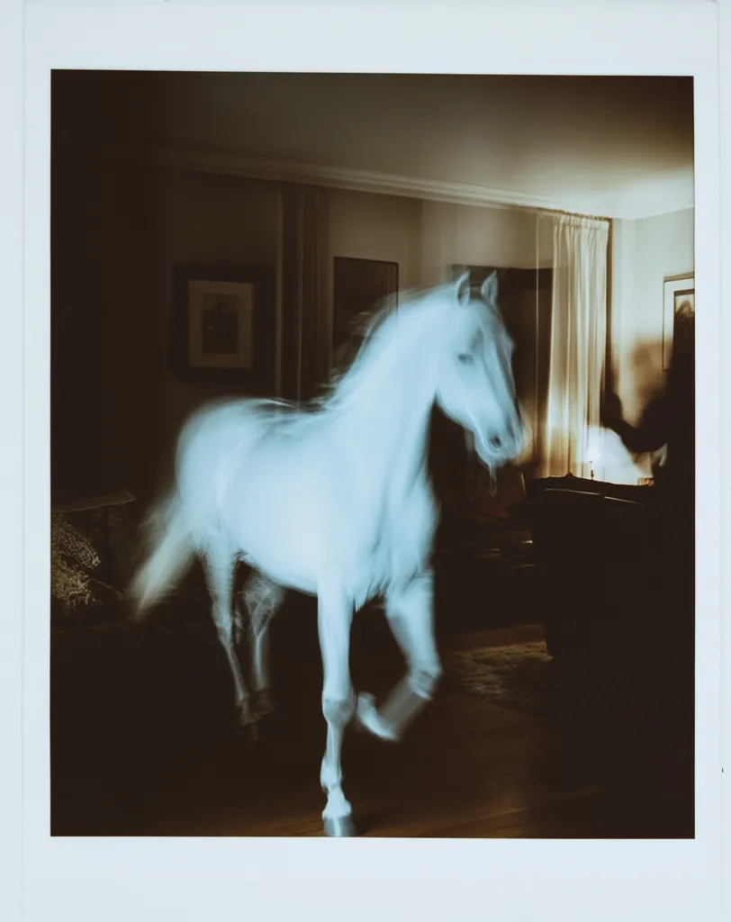 A white horse, appearing as a hazy apparition, walks through a dimly lit room. The horse is out of focus, suggesting motion, while the rest of the room is shrouded in shadows. The horse's head is turned, with only its neck and mane visible. It appears to be walking on a wooden floor, with a dark sofa and curtains in the background. The overall atmosphere is ethereal and mysterious.