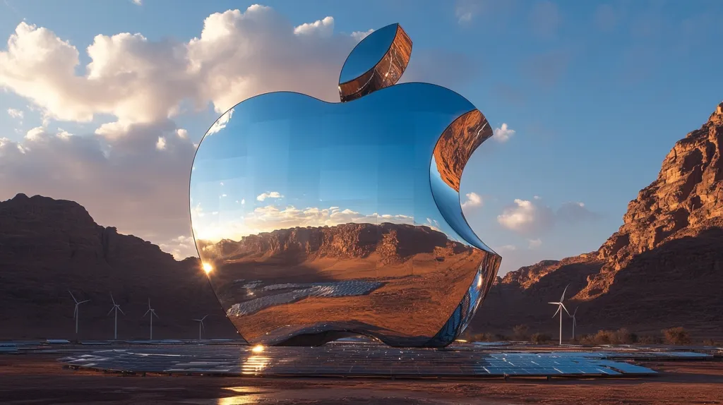 A large, mirrored Apple logo stands in a desert landscape. The logo reflects the surrounding scenery, including the red rock mountains, a field of solar panels, and wind turbines. The sky is a clear blue with fluffy white clouds. The image captures a sense of vastness and the contrast between the natural environment and human-made technology.