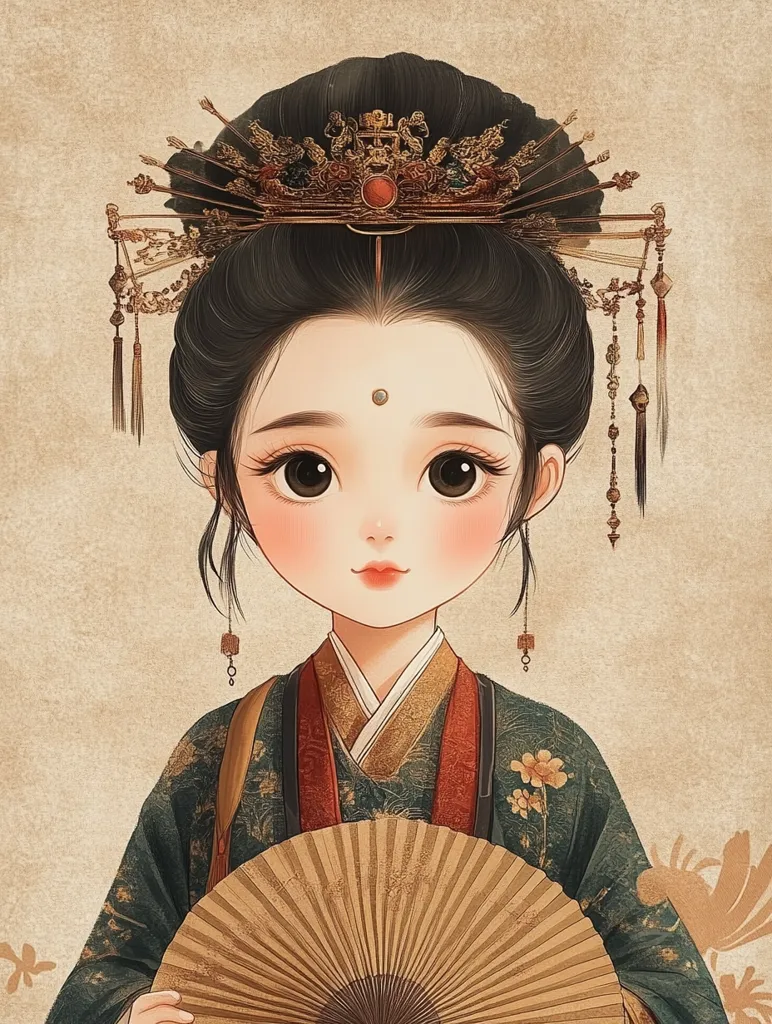 The illustration depicts a young woman in traditional Chinese attire. She is wearing a lavishly decorated robe, intricate hair ornaments, and a jeweled headpiece.  Her large eyes and delicate features give her a sweet and innocent expression. She is holding a folded fan in her hands, adding to her elegant and sophisticated appearance. The woman is set against a simple background, emphasizing her beauty and the intricate details of her clothing. The overall aesthetic of the image is delicate and romantic, evoking a sense of grace and tradition.