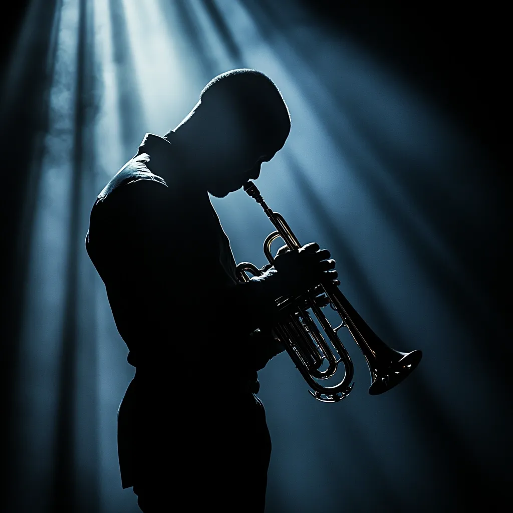 The image is a silhouette of a man playing a trumpet. The man is standing in a dark room with a spotlight shining down on him. The trumpet is in the foreground and the man is in the background. The image is a classic example of jazz photography. It captures the essence of the music, with its focus on the instrument and the musician's expression.  The image is full of energy and passion. The man's silhouette is a powerful symbol of music and creativity. The spotlight adds to the image's dramatic effect, emphasizing the musician's artistry.