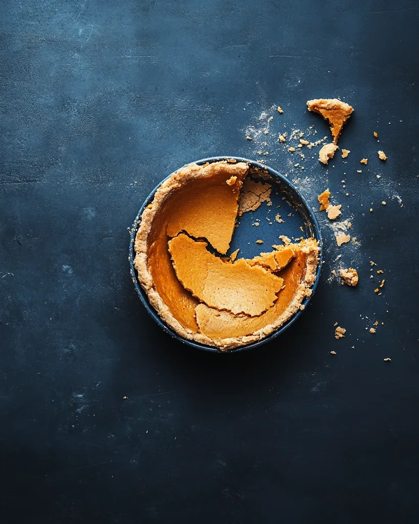 A partially eaten pumpkin pie sits on a dark blue background. The pie crust is flaky and golden brown. There are crumbs scattered around the pie. The pie has been eaten in a few places, leaving a few large gaps and a few small crumbly pieces. The rest of the pie is whole and untouched.