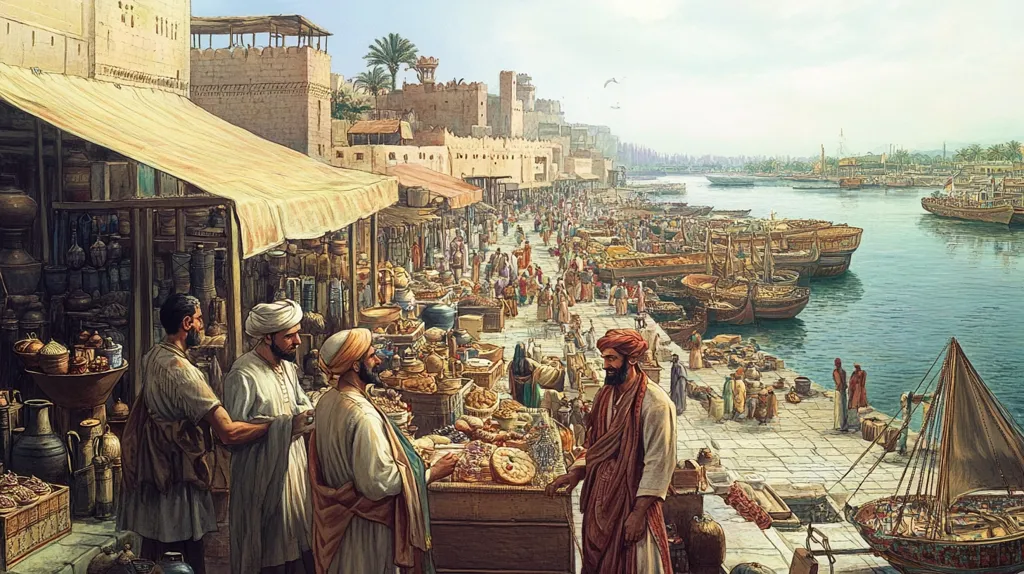The painting depicts a bustling marketplace in a Middle Eastern city. The scene is filled with people, merchants, and goods. The marketplace is located on the edge of a river, where boats are docked. The architecture is typical of the region, with tall, narrow buildings and intricate designs. The artist has captured the vibrant energy and activity of this ancient city.  The image is painted in a realistic style, with careful attention to detail. The colors are warm and inviting, creating a sense of vibrancy and life.