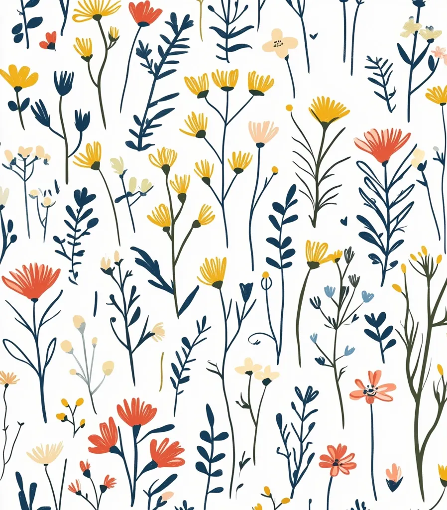 The image is a seamless pattern of stylized wildflowers in shades of yellow, orange, red, and blue. The background is white, and the flowers are arranged in a random but pleasing way. The pattern is perfect for use in fabric, wallpaper, or other decorative applications.