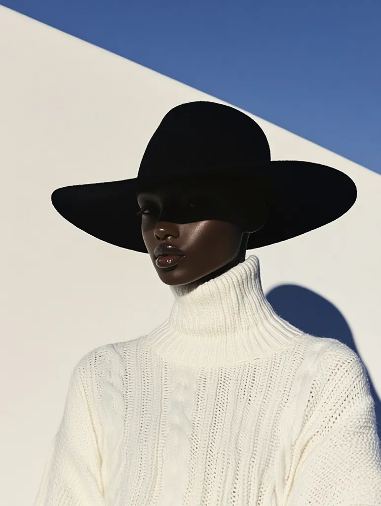 A woman with dark skin is wearing a wide-brimmed black hat and a white turtleneck sweater. She has a serious expression, and her eyes are hidden by the shadow of the hat. The background is a simple white wall with a sliver of blue sky visible. The image has a minimalist aesthetic, with the focus on the model's face and hat.  The image evokes a sense of mystery and intrigue.