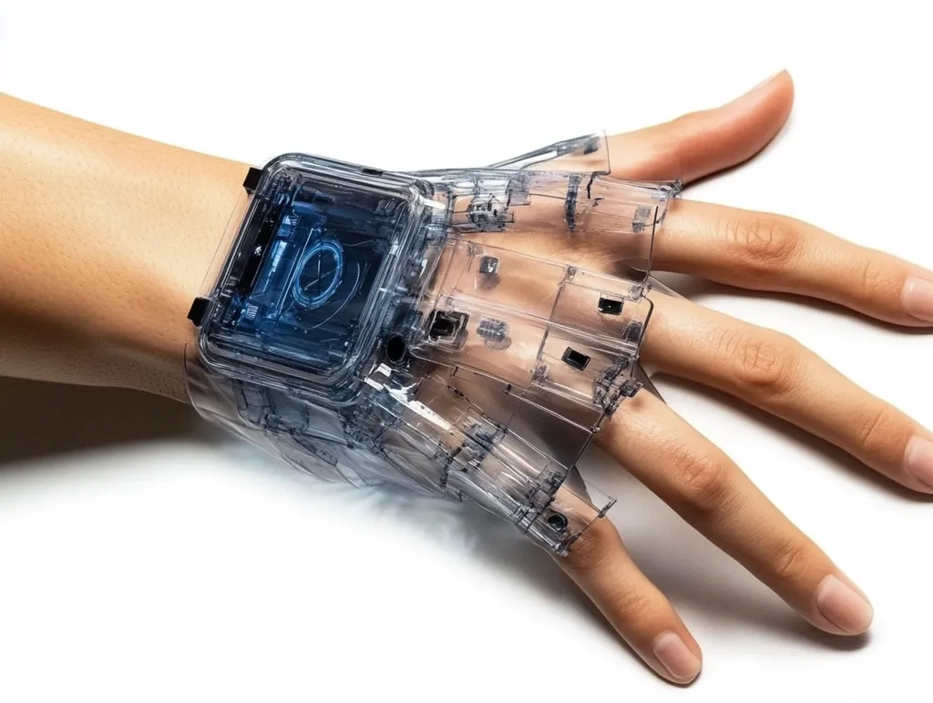 A person is wearing a futuristic-looking, transparent, and seemingly intricate device on their wrist and hand. The device appears to be a combination of a watch and a glove, with a digital display on the watch face. The clear design allows the wearer's skin to be visible, suggesting a technology that integrates seamlessly with the body.
