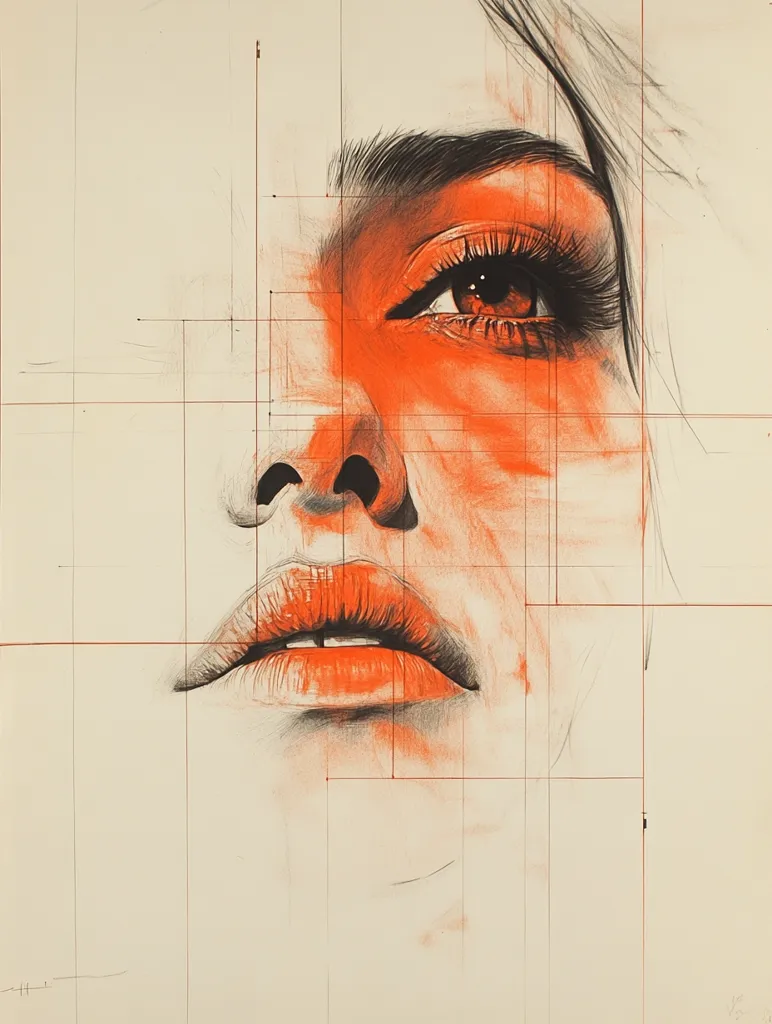 The image is a black and white drawing of a woman's face. It is a close-up shot, focusing on her eye, nose, and lips. Her eye is large and brown, with long eyelashes. The drawing is layered with red lines, creating a grid effect over the woman's face. The lines are bold and create a strong visual contrast with the black and white drawing.  The woman's lips are slightly parted, suggesting she is about to speak. The drawing is minimalist and evocative.