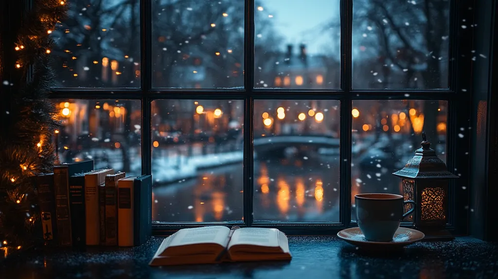 A cozy window view of a snowy city at night. The window is decorated with twinkling lights, and the snow falls softly outside. A book rests open on a table beside a steaming cup of coffee and a lantern, creating a warm and inviting scene.  The city lights twinkle across the water, reflecting the festive atmosphere.