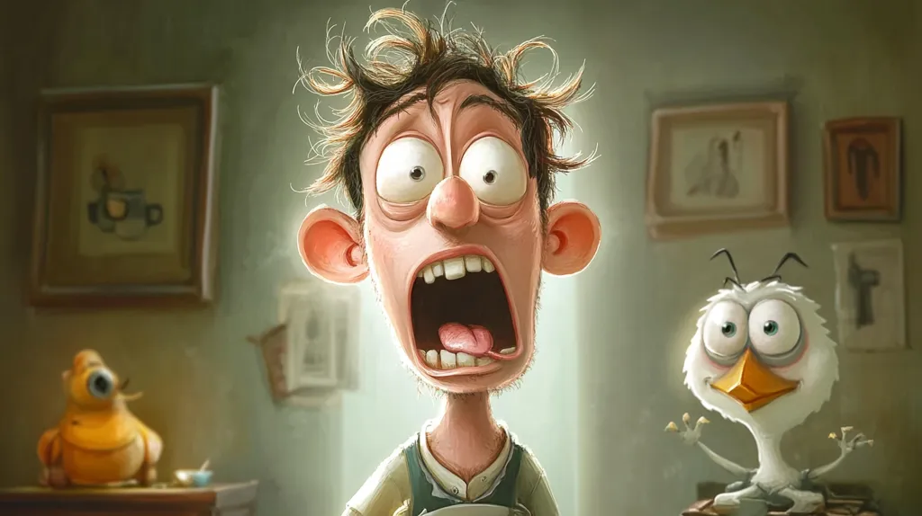 A cartoon man with wild hair is staring at the viewer with a wide-eyed, open-mouthed expression of shock. He has a long, pointed nose and big ears.  A small, fluffy white bird with large eyes is in the background, also looking at the viewer. The man appears to be in an indoor setting, with framed artwork on the walls.  The overall tone of the image is playful and humorous.