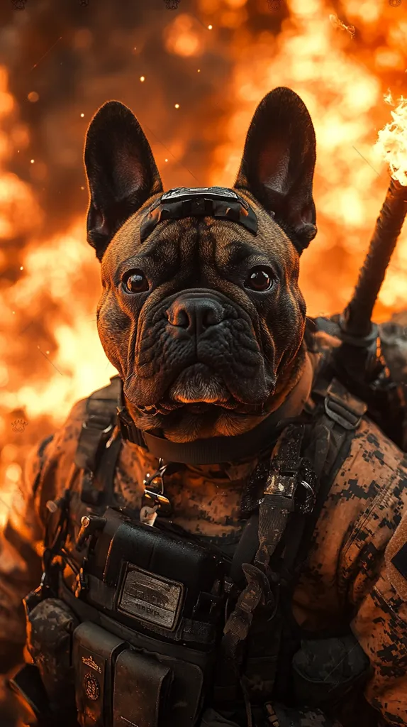 A French bulldog, dressed in a military-style vest and tactical gear, stands in front of a fiery, explosive backdrop. The dog's serious expression and the intense background create a dramatic and somewhat humorous image. The contrast between the cute dog and the dangerous setting is striking. The image is likely meant to be a parody of action films or a humorous representation of a brave canine.