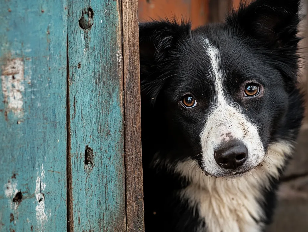 A black and white dog with brown eyes peers around the corner of a blue and brown weathered wooden door. The dog's fur is fluffy and its nose is black and wet. It looks like it is curious about something outside the frame.  The dog's expression is alert and watchful.