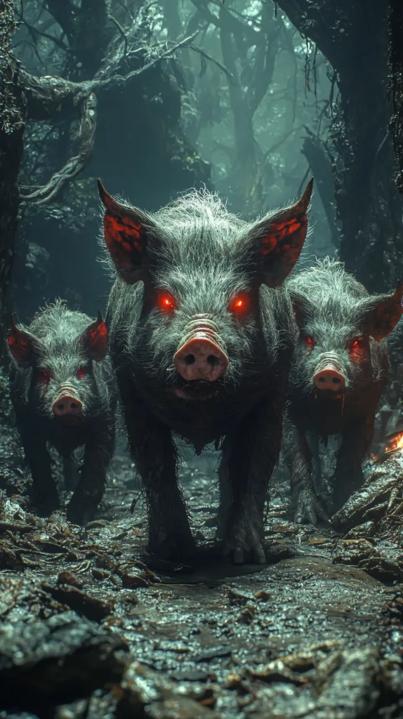 Three wild boars with glowing red eyes walk through a dark, dense forest. The boars are covered in mud and appear to be menacing. The scene is ominous and suggests danger lurking in the woods. The dark forest is filled with gnarled branches and shadowy figures, creating a sense of unease. The muddy ground is slippery and treacherous. The boars' glowing eyes pierce the darkness, making them even more threatening. The scene is full of suspense and anticipation, leaving the viewer wondering what will happen next.