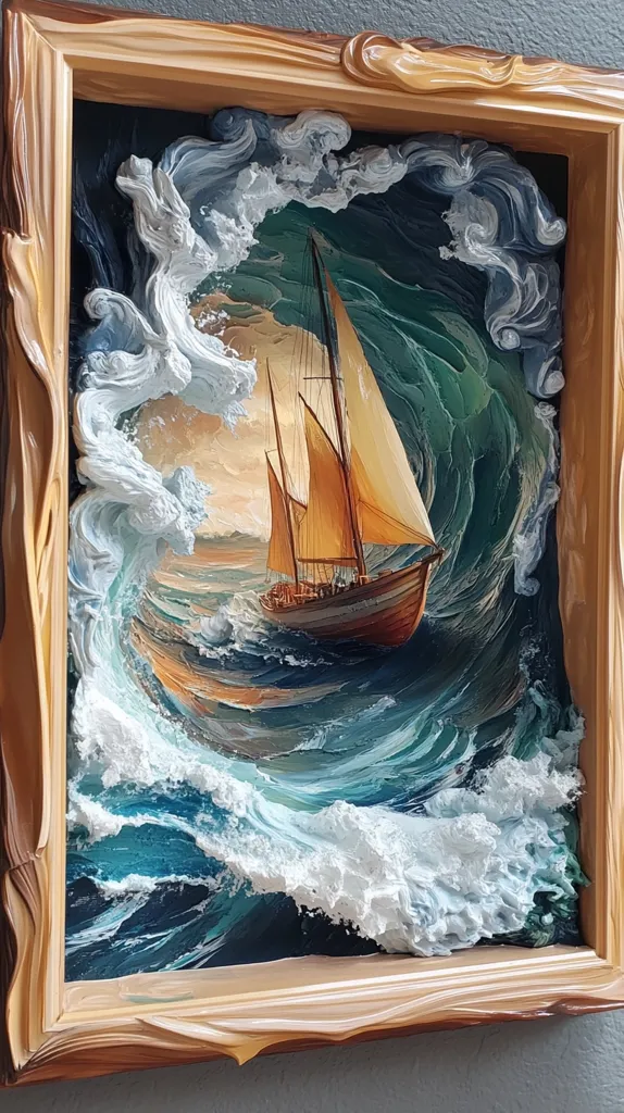 A framed oil painting depicts a ship sailing through a large, swirling wave. The wave has a textured, almost 3D appearance, with a white crest and blue-green water. The ship has brown sails and a white hull, and it is partially obscured by the wave. The background is a muted orange and blue, suggesting a sunrise or sunset. The painting is framed in a thick, ornate wooden frame.