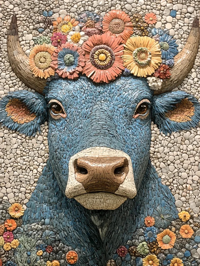 A mosaic artwork depicts a blue cow with a colorful floral crown. The cow’s face is close-up, showcasing its detailed features, from the soft curves of its nose to the expressive eyes. The background consists of small, white pebbles that create a subtle texture. The overall effect is a vibrant and whimsical portrayal of a gentle creature adorned with a whimsical crown.