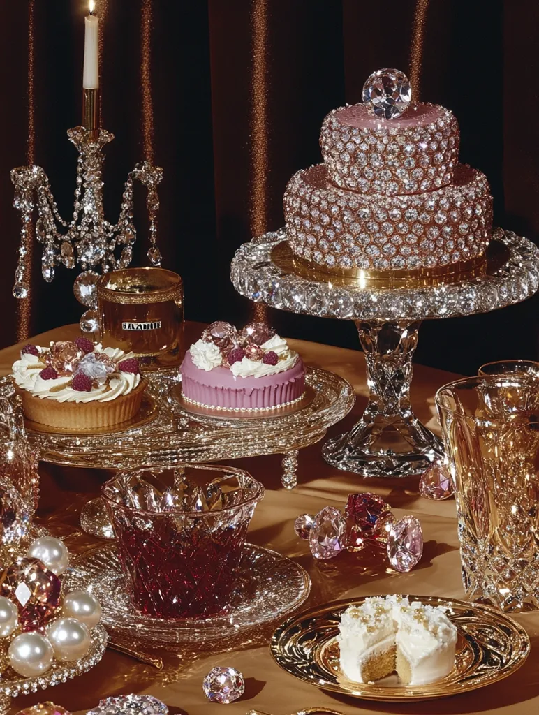 A lavishly decorated table set with crystal glasses and a two-tiered cake covered in rhinestones. The cake is on a crystal cake stand with a gold rim. There are also small cakes and a crystal candle holder. Scattered around the table are fake diamonds. The overall aesthetic is glamorous and extravagant.