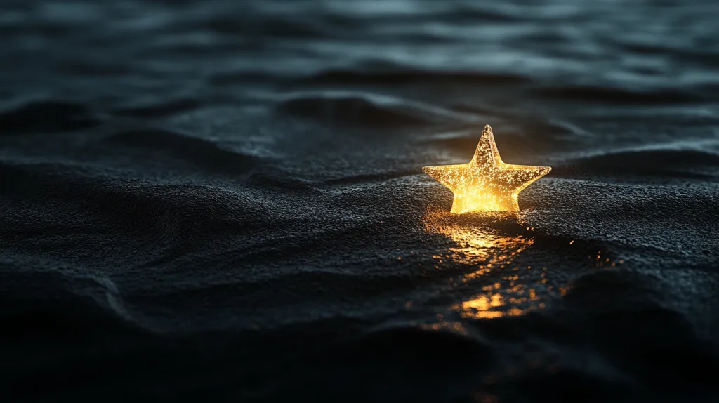 A glowing, golden star sits on a dark, textured surface. The star's light reflects off the surface, creating a subtle, shimmering effect. The star appears to be made of glass or crystal, and the light seems to emanate from within. The image evokes a sense of hope, guidance, and the beauty of simplicity.