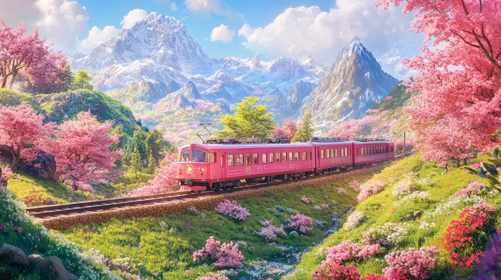 A pink train travels through a picturesque mountain valley. The train is surrounded by lush green hillsides, dotted with vibrant pink and white blossoms. The sky is a bright blue, and the mountains are covered in snow. The scene is serene and idyllic. The train is a symbol of travel and adventure, and the flowers represent beauty and joy.  The image evokes a sense of peace and tranquility.
