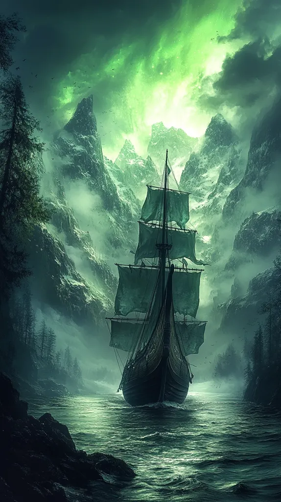 A lone ship sails through a narrow channel between towering, misty mountains. The sky above is filled with an ethereal green glow, resembling the aurora borealis. The ship's sails are billowing in the wind, and the water is choppy, creating a sense of adventure and mystery. The scene is framed by dark, rocky cliffs, adding to the sense of isolation and solitude. The image evokes a sense of wonder and exploration, as if the ship is on a journey to a distant land.