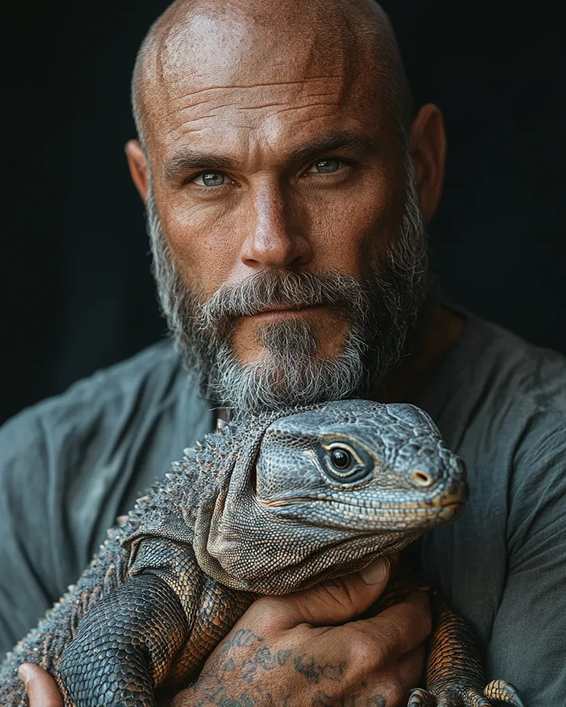 A bald, bearded man with blue eyes stares intently at the camera. He is holding a large lizard, its head resting on his chest. The man's arms are wrapped around the lizard, and his hands are visible, with the lizard's scales prominent. The background is a dark, out-of-focus blur. The image has a stark, almost haunting feel.  The man appears to be in deep thought, the lizard adding a sense of wildness to the portrait.