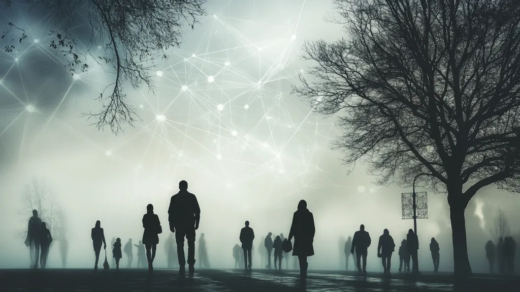 The image depicts a group of people walking through a foggy landscape. The silhouettes of the people are visible against a backdrop of a large, bare tree and a network of white lines and dots. The atmosphere is eerie and suggestive of a mysterious and unknown world. The image evokes a sense of isolation and the feeling of being lost in an unfamiliar place.