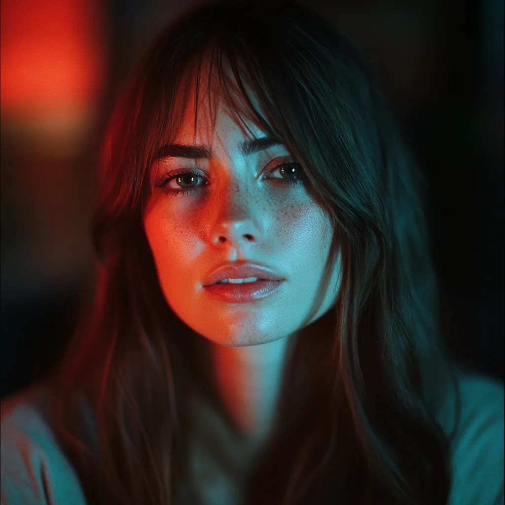 A young woman with long brown hair and freckles looks directly at the camera. She is illuminated by a red light on the left side of her face and a blue light on the right, creating a dramatic and ethereal effect. Her expression is soft and contemplative.
