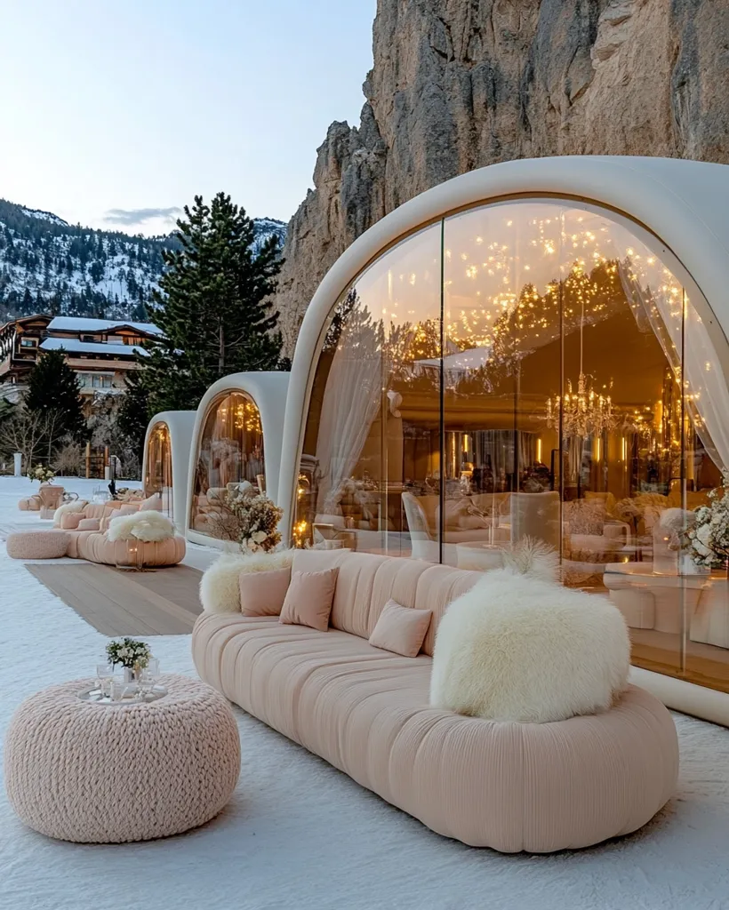A modern, curved glass structure sits nestled amongst snow-covered mountains. The interior is illuminated with warm lighting, and a plush, pink sofa and fluffy white pillows create a cozy atmosphere.  A small, woven table sits in front of the sofa, adding a touch of rustic charm to the elegant space.  The scene evokes a sense of luxury and tranquility, perfect for a relaxing escape.