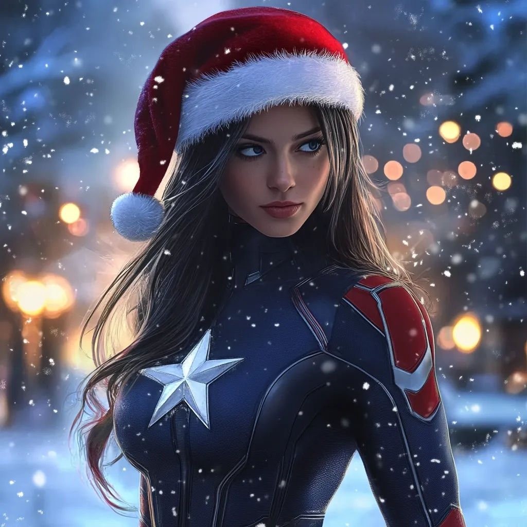 A woman with long black hair is wearing a red and white Santa hat and a blue, red and white superhero costume. She is standing in the snow, looking to the right. The background is blurred and out of focus, with snow falling from the sky. The image is likely a digital illustration, as the woman's features are idealized.