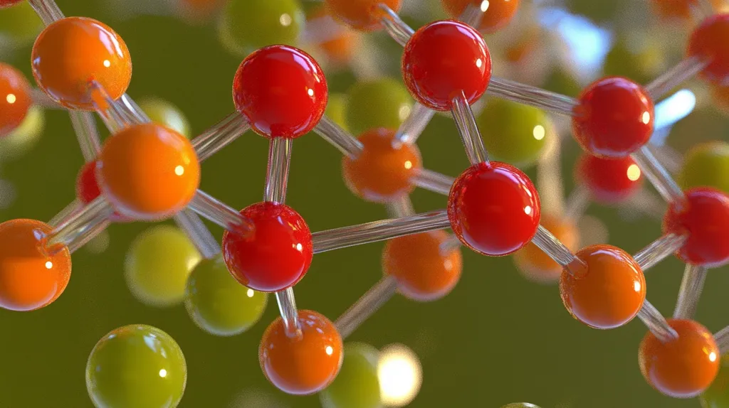 The image shows a model of a molecule with red, orange and yellow spheres connected by transparent rods. The spheres represent atoms, while the rods represent chemical bonds. The background is a blurry green color. The image is a 3D rendering of a molecular structure.