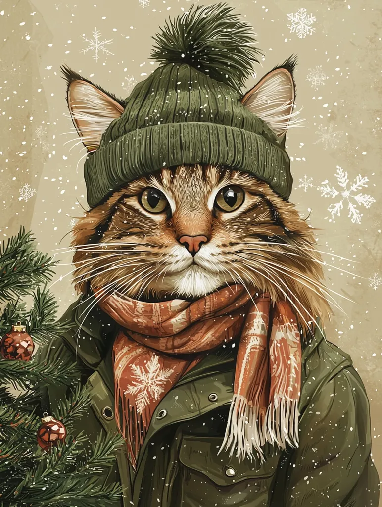 A tabby cat wearing a green knitted beanie with a fluffy pompom, a green jacket, and a red and white scarf.  The cat has a serious expression and is looking straight at the viewer. The background is a snowy landscape with a Christmas tree in the foreground. The overall image is whimsical and cute.