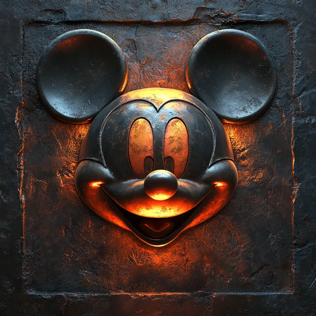 The image shows a metal Mickey Mouse head sculpture embedded in a dark, textured wall.  The sculpture is illuminated from behind, casting an orange glow around the edges, particularly on the eyes, nose, and mouth.  The rough texture of the metal and the warm light create a striking contrast.