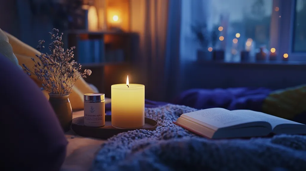 A burning candle sits on a tray next to a book, casting a warm glow on a cozy bed.  Dried flowers in a vase add a touch of elegance, while the soft lighting creates a peaceful and inviting atmosphere. The window behind, with its view of twinkling lights, suggests a tranquil evening setting.  The scene exudes a sense of relaxation and comfort, perfect for a quiet night in.