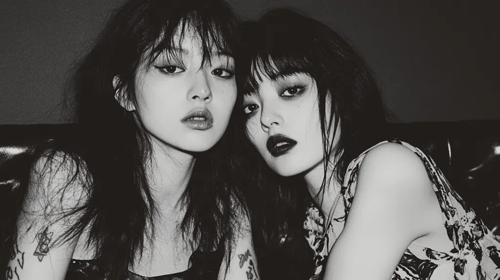 Two young women with dark hair and dark makeup stare intensely at the camera. Their faces are close together, suggesting intimacy. The image is in black and white, creating a moody and dramatic atmosphere. The woman on the left has a tattoo on her arm, adding to the edgy vibe.  The lighting highlights their features and creates a sense of mystery.