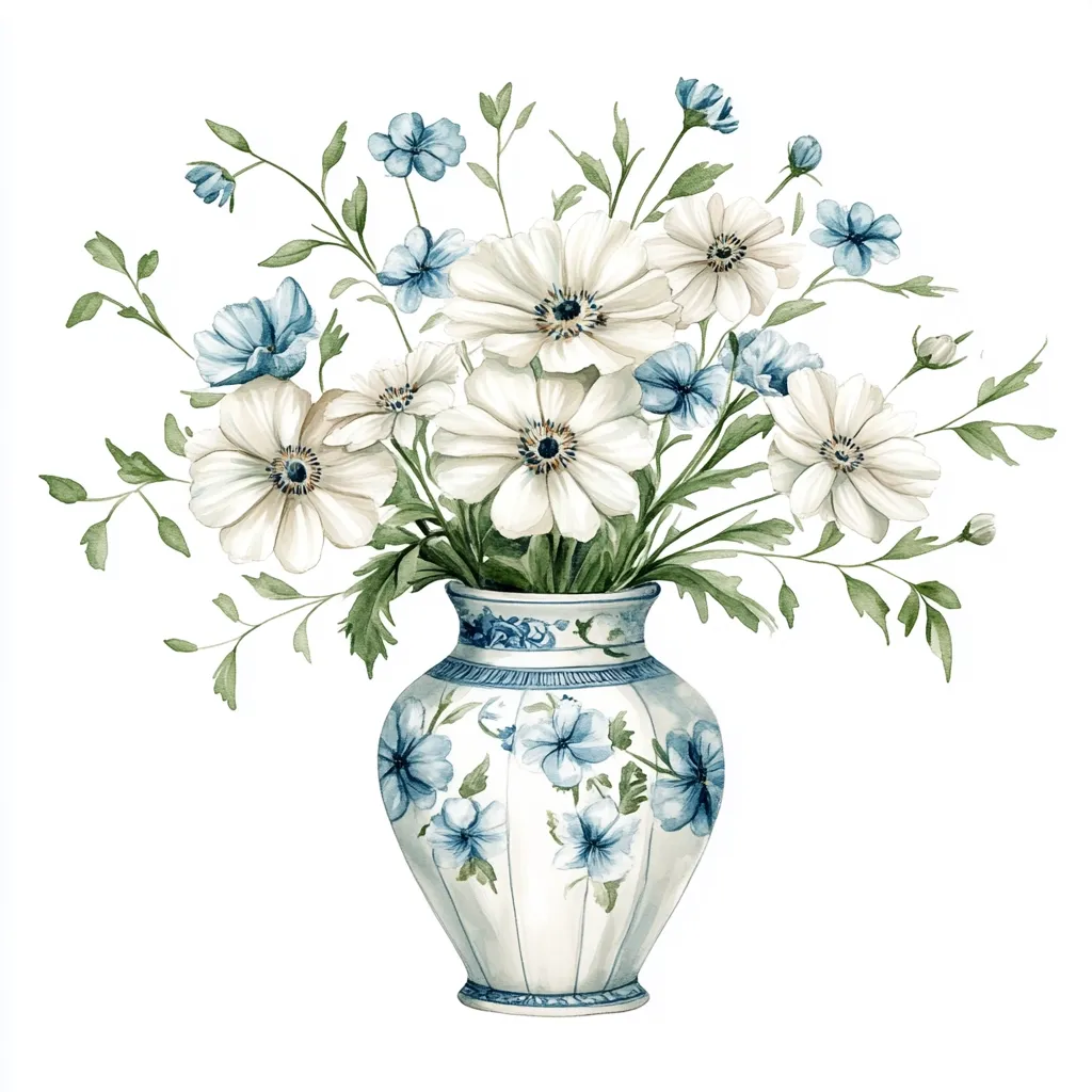 A watercolor painting of a bouquet of white flowers with blue centers arranged in a white vase with a blue floral pattern. The vase is on a white background and the flowers are arranged in a loose, natural way. The painting is delicate and elegant, with a soft, romantic feel.