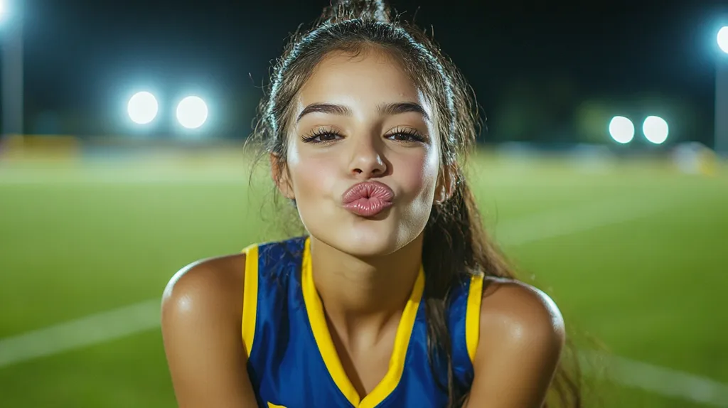 A young woman with long dark hair, wearing a blue and yellow jersey, is looking directly at the camera and pouting her lips. She appears to be on a football field at night, under bright stadium lights. The background is blurred.  She has a playful and confident expression.  The image captures a moment of youthful energy and excitement.