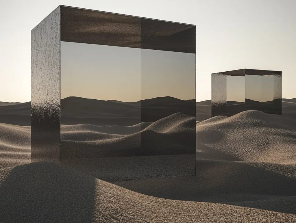 Two large, rectangular glass structures stand in a sandy desert landscape. The structures are mirrored, reflecting the surrounding dunes and the soft light of the setting sun. The scene is minimalist and abstract, with the glass structures creating a sense of isolation and mystery. The desert's undulating dunes add to the sense of vastness and emptiness.