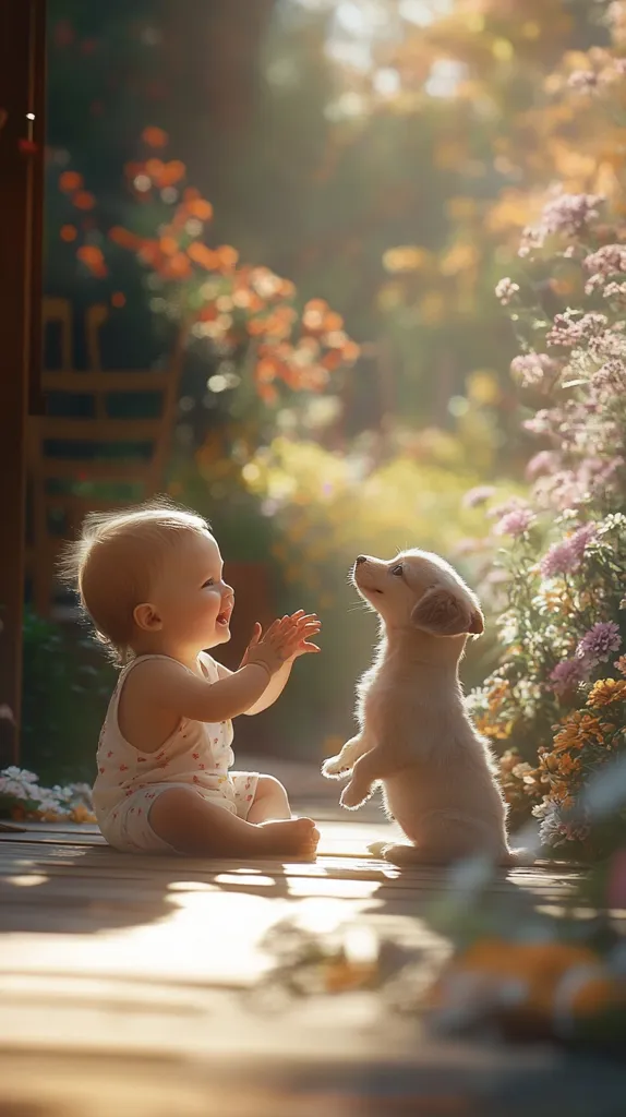 A baby girl in a white dress sits on a wooden deck, clapping her hands and smiling at a small, light brown puppy standing on its hind legs in front of her. The puppy is looking at the baby with its tongue sticking out slightly. The background is a blurry image of green foliage and flowers in the warm light of the setting sun. The image captures a sweet moment of innocent interaction between a baby and her furry friend.