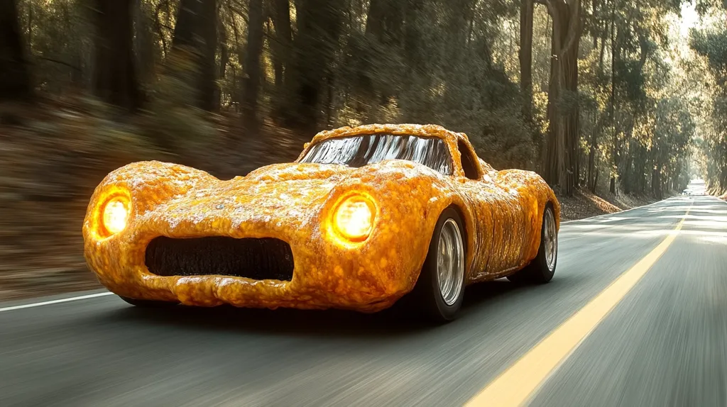 A sports car, made entirely out of what appears to be fried chicken, drives down a winding road lined by trees. The car's headlights are glowing, and the image is slightly blurred, giving it a sense of motion. It's a surreal and humorous image.