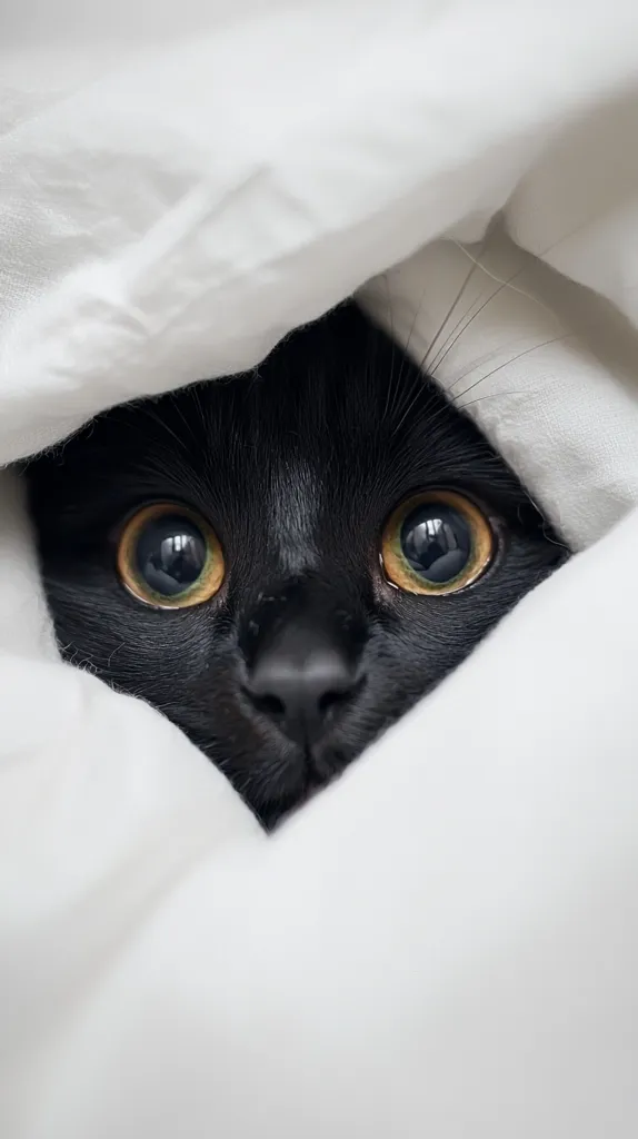 A black cat with bright yellow eyes peeks out from under a white blanket. Its fur is soft and shiny, and its eyes are wide and alert. The cat's expression is curious and playful, as if it is about to jump out and explore. The white blanket creates a stark contrast to the cat's dark fur, making its features stand out.  The image is a close-up, focusing on the cat's face and eyes.  The soft, fuzzy texture of the blanket suggests that the cat is comfortable and cozy.