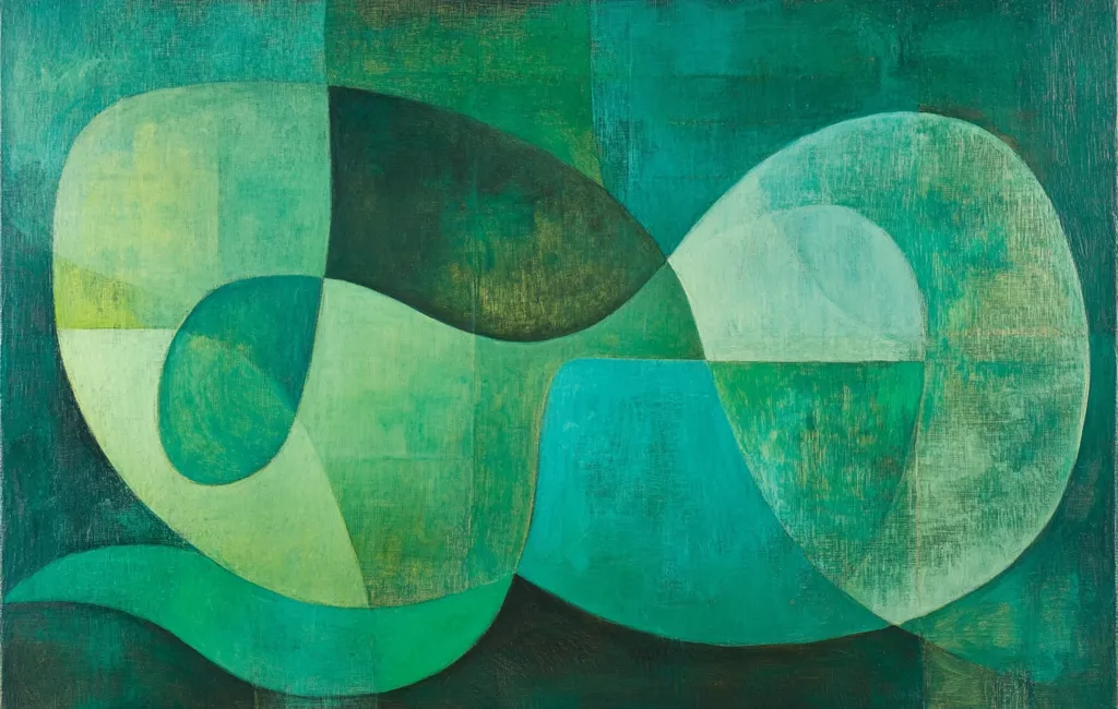 The image is an abstract painting in shades of green and blue. It is composed of overlapping curved shapes that resemble a flowing, organic form, possibly a plant or a water ripple. The canvas has a rough texture that suggests a painting technique of layering different shades of paint, creating depth and dimension. The painting evokes a sense of tranquility and serenity, with its soft colors and fluid shapes.