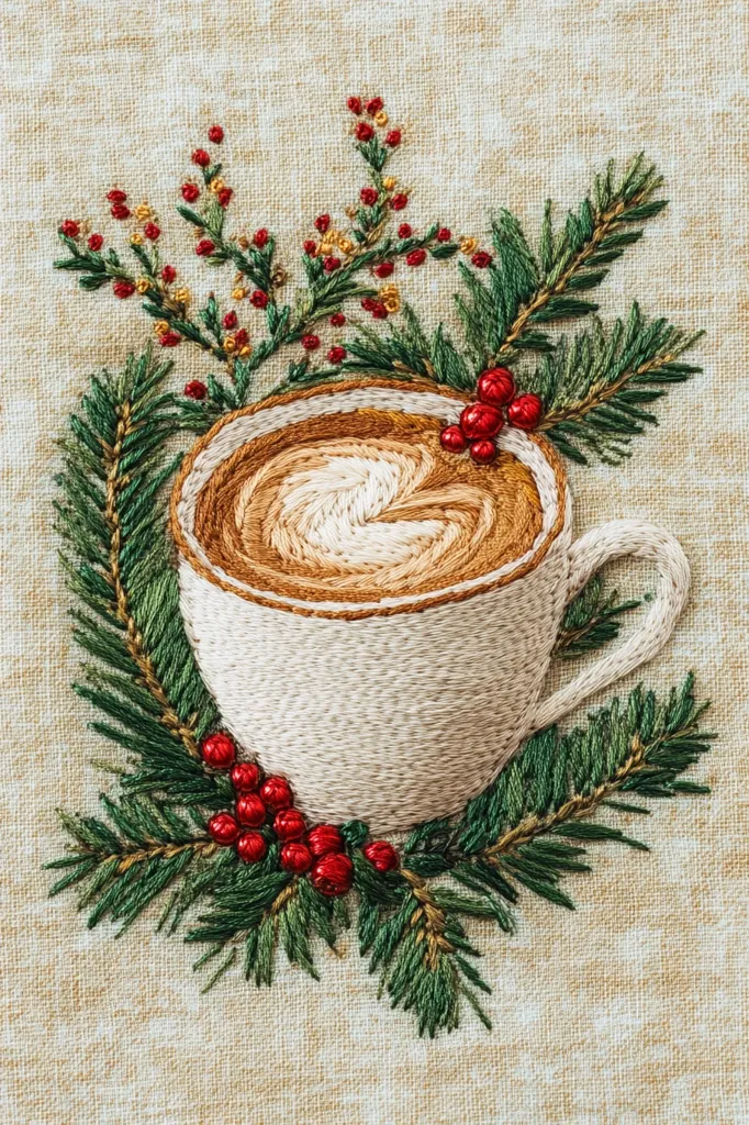 A detailed embroidery of a cup of coffee with a swirling design in the crema. The cup is surrounded by green pine branches and red berries, evoking a wintery, cozy feeling. The intricate stitching creates a realistic texture and depth. The beige background adds a rustic touch to the image.