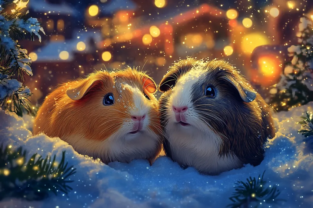 Two guinea pigs, one brown and one gray, are nestled in the snow, their faces turned toward the viewer, their eyes wide with wonder.  The scene is bathed in the soft glow of Christmas lights, with a light snowfall adding to the magical atmosphere.  The background is a blur of warm colors and sparkling lights, creating a festive and whimsical scene.