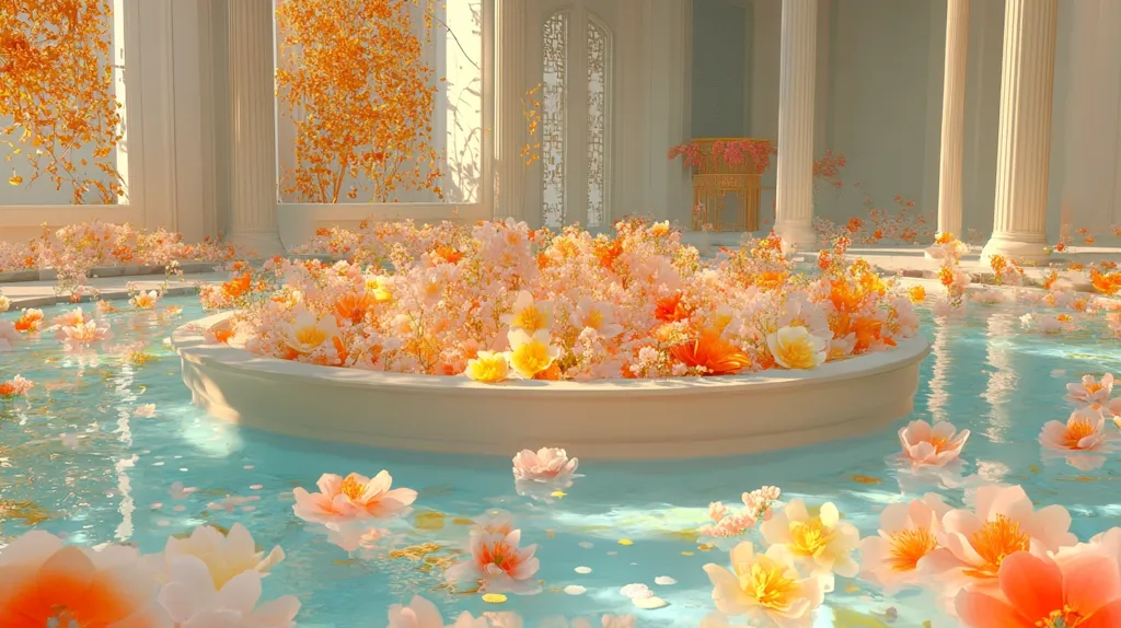 A circular pool filled with clear blue water is surrounded by white pillars and a large arrangement of pastel-colored flowers. The flowers are a mix of soft pink, peach, and yellow, creating a dreamy and ethereal atmosphere.  The water reflects the soft light, giving the scene a gentle and serene quality.  The setting is reminiscent of a classical garden, perhaps a fountain or a sacred space.