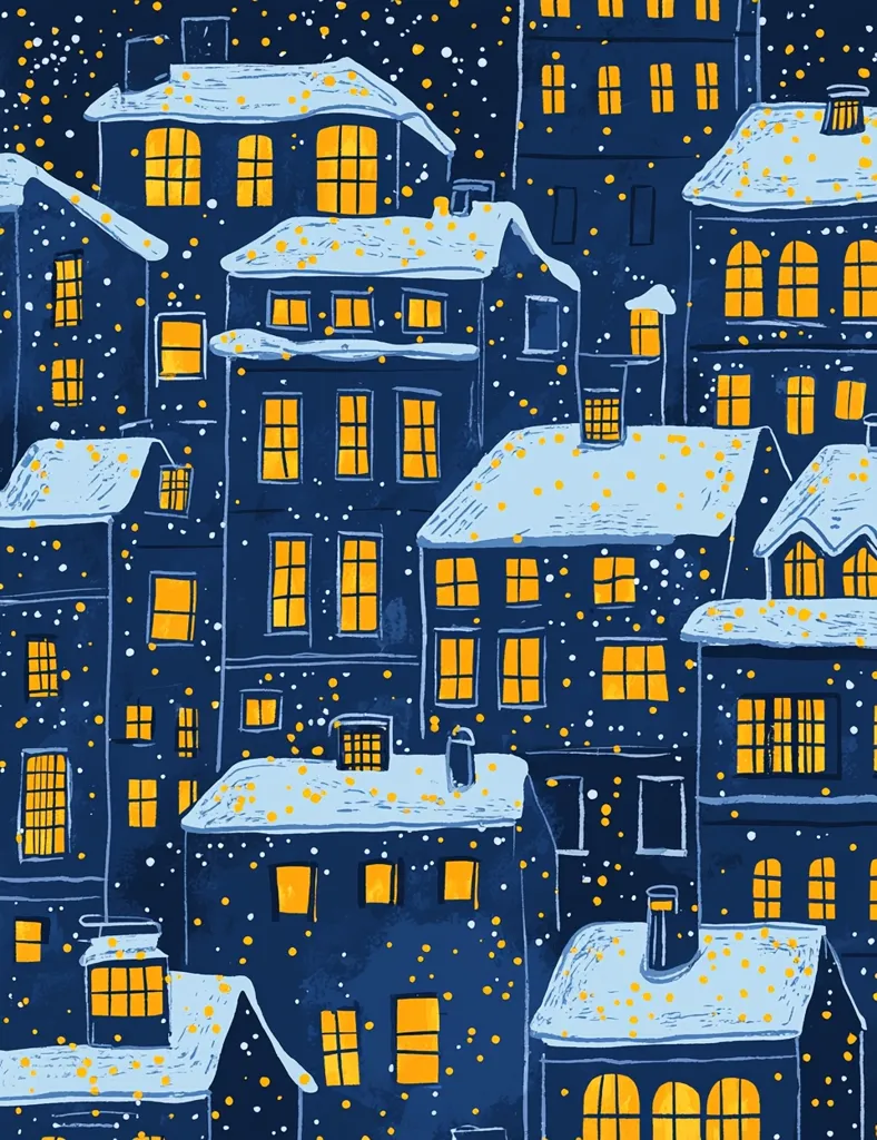 A whimsical illustration of a snowy city at night. The buildings are dark blue with white snow-capped roofs and glowing yellow windows. The sky is a dark blue with white snowflakes falling. The scene is a charming and festive depiction of a winter wonderland.