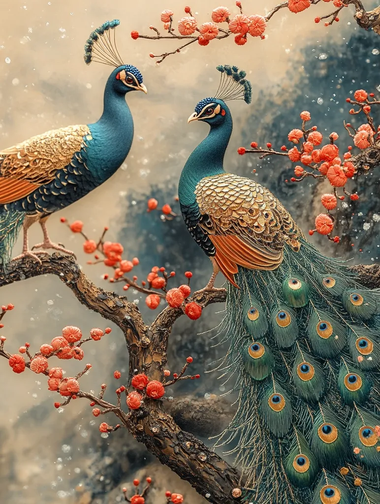 The image depicts two peacocks perched on a blossoming branch. The peacock on the left is facing the viewer, showcasing its intricate blue and gold plumage, while the peacock on the right is facing away, displaying its vibrant green and gold tail feathers. The background features a soft, hazy backdrop with a delicate floral design, creating a sense of serenity and elegance.  The image exudes a sense of peacefulness and beauty, highlighting the exquisite details of nature.