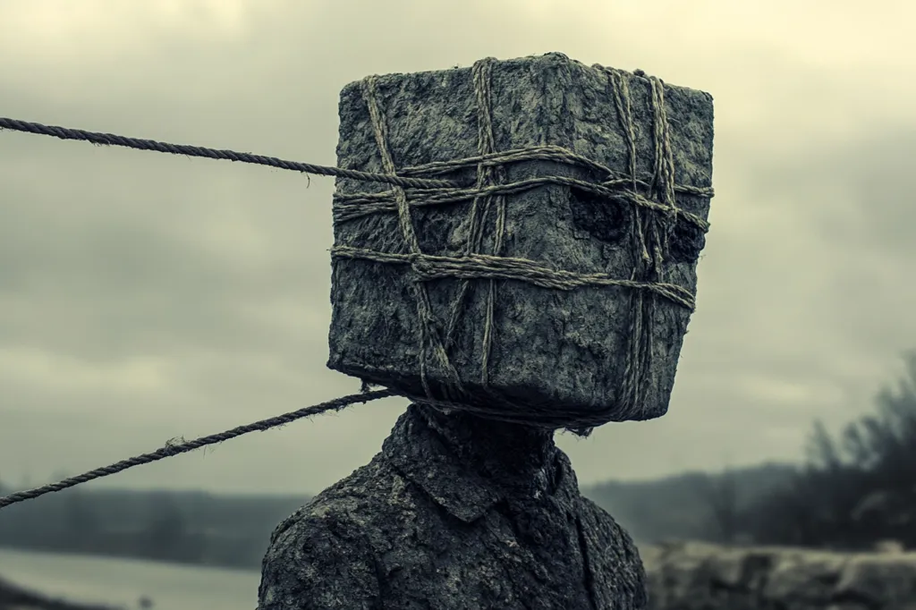 A stone figure, resembling a human, stands with its head bound by thick rope. The rope is tied in a crisscross pattern, obscuring the face. The figure is weathered and worn, suggesting age and hardship. The backdrop features a cloudy sky and blurred greenery, adding to the mysterious and unsettling atmosphere.  The image evokes a sense of restraint, secrecy, and the weight of history.