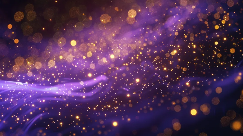A dark purple background with a hazy, smoky texture. It's scattered with shimmering golden lights of varying sizes and intensity. The overall effect is dreamy and ethereal, resembling a night sky with stars and twinkling dust particles.