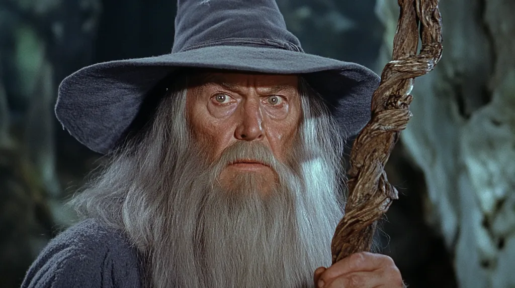 Gandalf the Grey, a wizard from J.R.R. Tolkien's The Lord of the Rings, stands with a stern expression. He wears a blue robe, a pointed hat, and holds his gnarled staff. His long white beard and piercing eyes suggest wisdom and power. He appears to be in a dimly lit forest, with a blurred background.  His gaze is intense and focused.