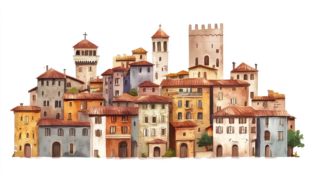 The image is a watercolor painting of a picturesque European town. The buildings are clustered together in a haphazard fashion, and many of them are adorned with red tiled roofs. The town has a charming, old-world feel, and the soft colors of the watercolor create a sense of warmth and tranquility.